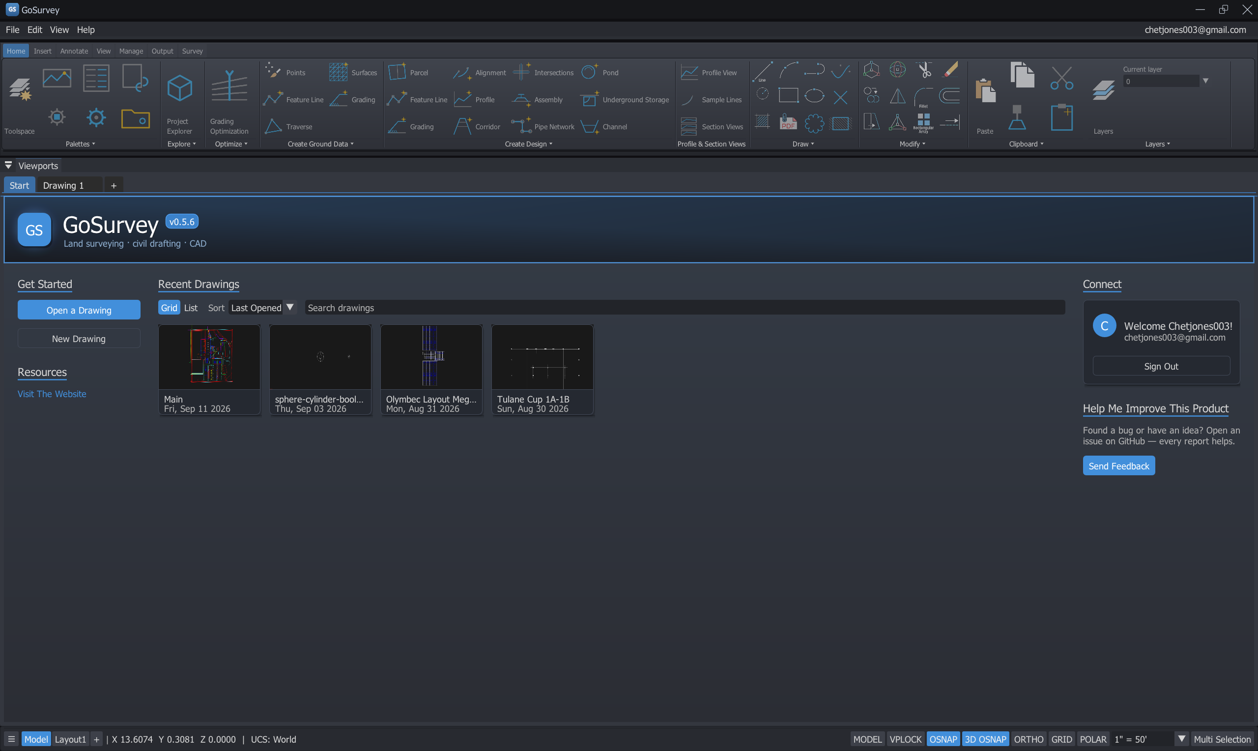 The GoSurvey start screen with recent drawings, the ribbon, and the status bar.