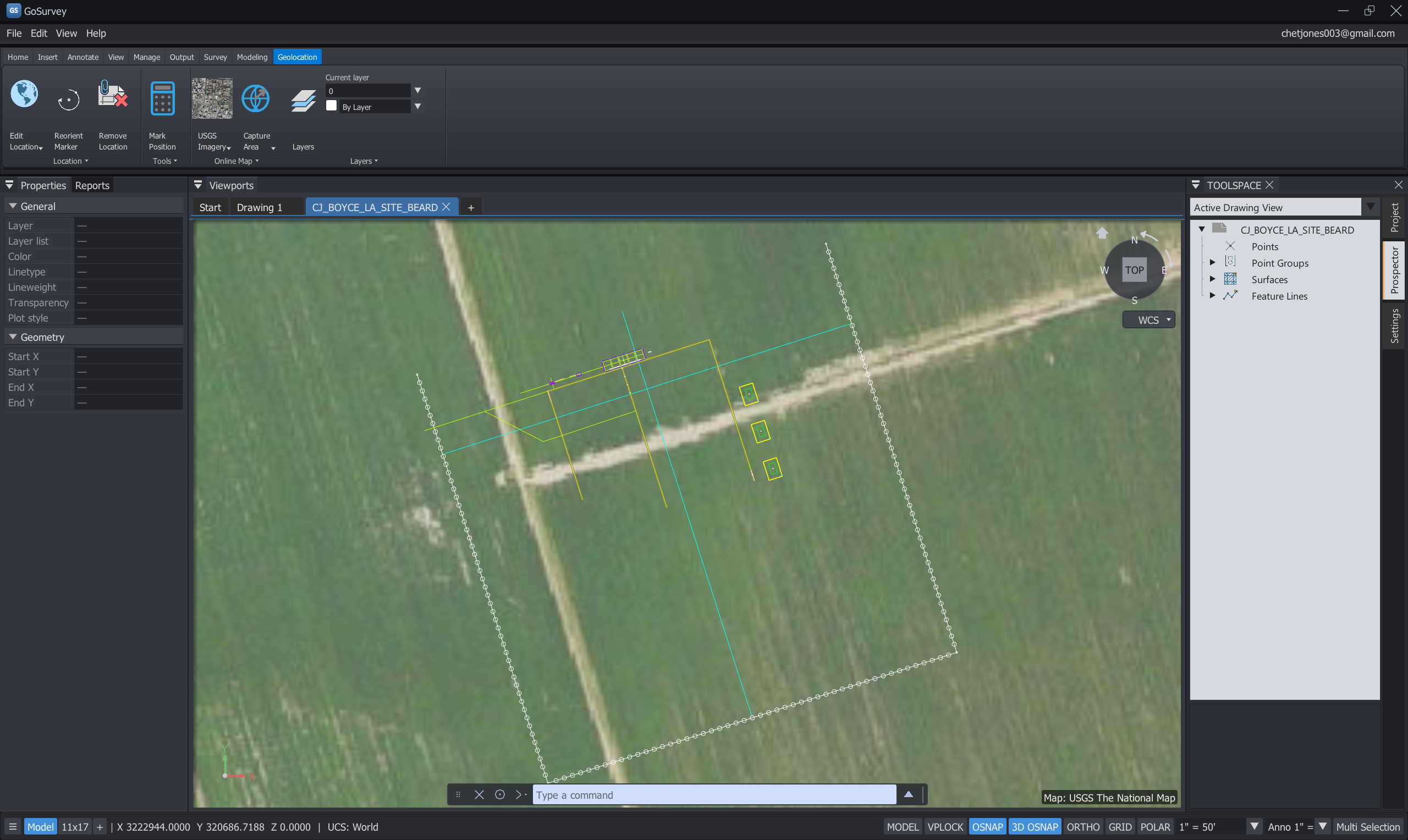 Drawing with coordinate zone and USGS aerial map underlay.
