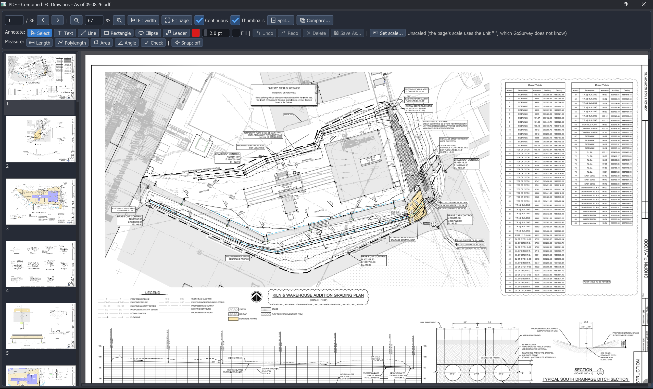 PDF viewer with markup and measure tools on a plan sheet.