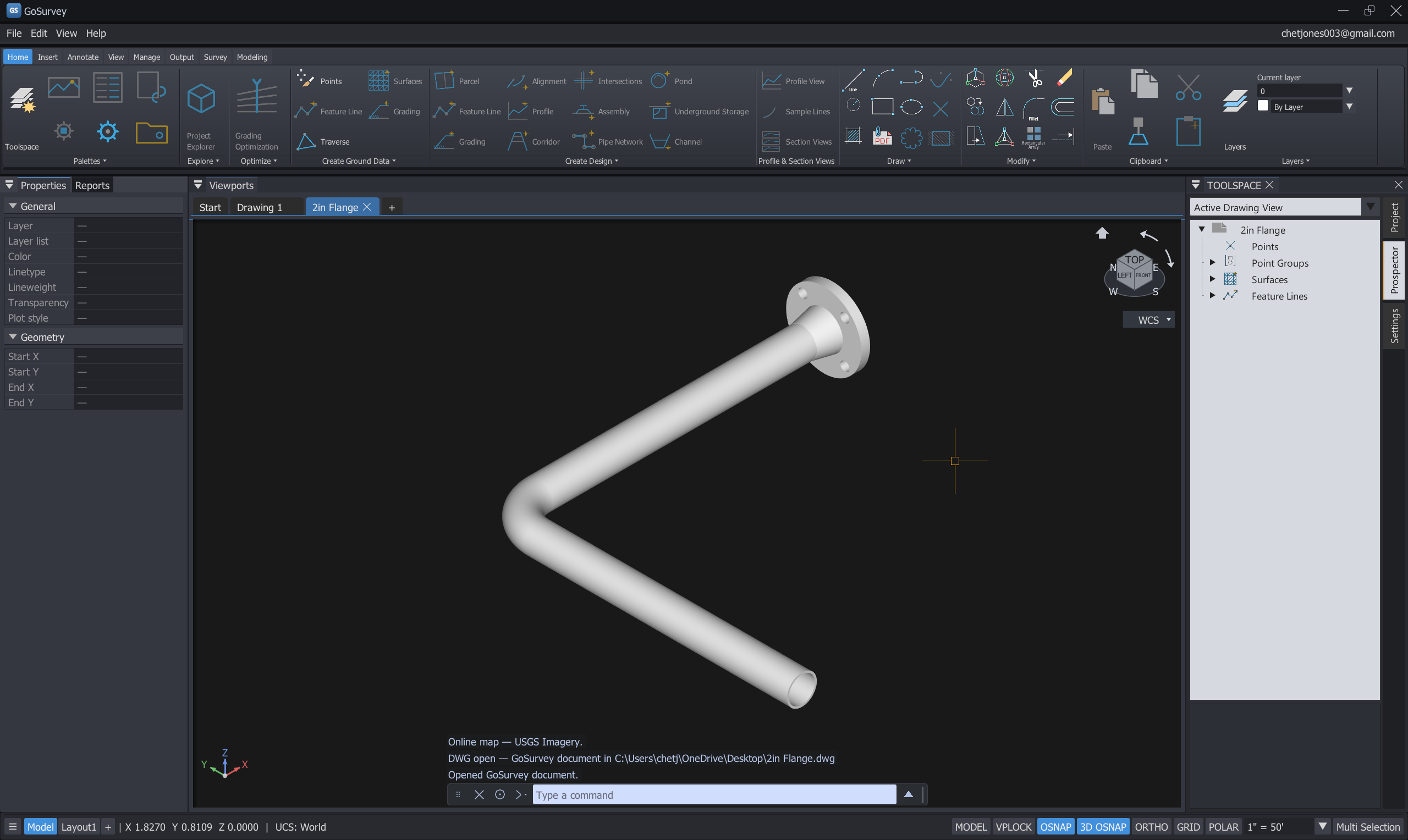 Pipe run with fittings from the library in 3D or plan view.