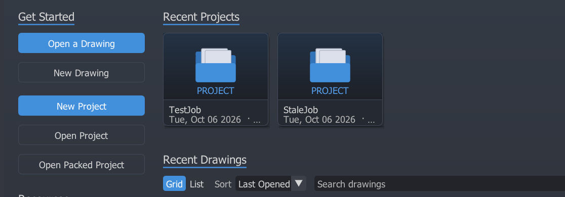 Recent Projects and the project workspace with shared survey points.